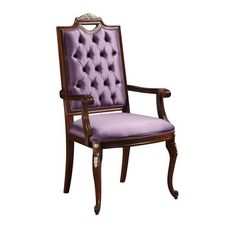 a purple upholstered chair with an ornate back and arm rests against a white background