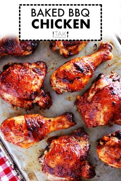 baked bbq chicken on a baking sheet with text overlay