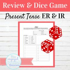 a red and white dice game with the words present tense er & ir on it