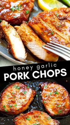 honey garlic pork chops in a skillet with lemon wedges