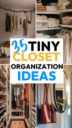 an organized closet with clothes and handbags hanging on the wall, and several other pictures