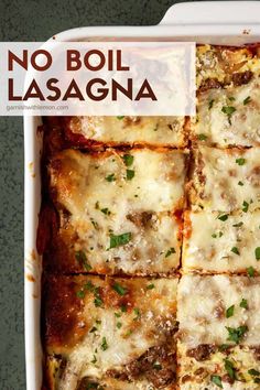 no boil lasagna in a white casserole dish with cheese and parsley