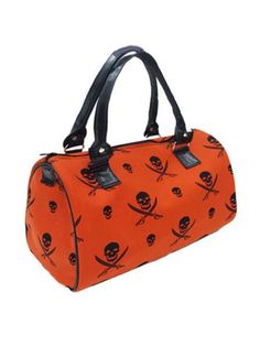 "PLEASE CONTACT US FOR RESALE PRICE US Handmade Handbag Doctor Bag with \"Jolly Rogers Pirates\" Halloween Gothic Pattern Satchel Style, Cotton Fabric, New DIMENSIONS: 13\" LENGTH X 9\" HEIGHT X 6\" WIDTH * 7\" Double Handle * COMPLETELY RED SATIN LINING INSIDE * INSIDE ZIPPER COMPARTMENT * INSIDE POCKET * TOP ZIPPER CLOSURE * 4 LAYERS OF FABRIC * SHINY SHIMMERING COLORS * BE SURE TO COMPARE TO DIMENSIONS ABOVE You can ALSO pick any fabrics from our \"SITE\": PLEASE EMAIL ME TO MAKE SURE THAT TH Novelty Red Travel Bag, Orange Travel Bag For Halloween, Gothic Pattern, Pirate Halloween, Doctor Bag, Jolly Roger, Mcm Logo, Pocket Top, Handmade Handbags