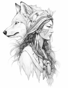 a drawing of a woman with a wolf headdress