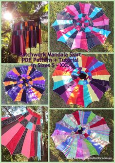 several different pictures of colorful umbrellas hanging from trees