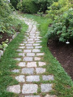 a stone path in the middle of a garden