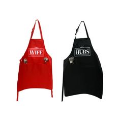 two aprons with the words wife and husband printed on them, one black and one red