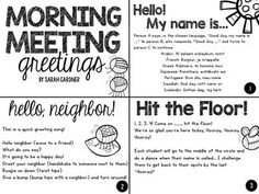 four different printables with words and pictures for the morning meeting, including hello neighbor