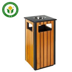 a wooden trash can with a black top