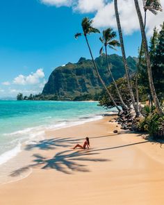 a woman laying on top of a sandy beach next to the ocean with palm trees