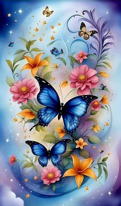 butterflies and flowers are flying in the sky with stars on it's sides as if they were painted by an artist