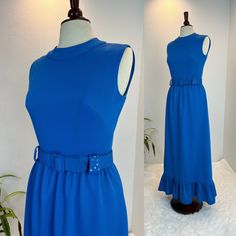 "1970s Maxi Dress / 60s Maxi Dress / 1970s Dress 1960s dress and belt This beauty is a late 1960s / early 1970s maxi dress. She is a Maxi dress in a lovely shade of blue with rhinestone belt loops. Her belt is a wide slide belt that is fully adjustable. This dress has a zipper in the back.  Measurements provided are flat and have been doubled. Bust 36\" Waist 28\"  Hips 42\" Length 55\" ❤️ Condition: Excellent vintage condition. Flaw: slight stain on belt. The dress has some evidence of wear, wh Vintage Dresses With Belt For Spring, Retro Belted Dresses, Retro Belted Dress For Formal Occasions, Retro Belted Formal Dress, Vintage Belted Evening Dress, Vintage Midi Belted Dress, 1970s Style Lined Maxi Dress, Vintage Midi-length Belted Dress, Wedding Dress Code Guide