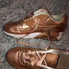 Brand New Nike Air Max 90s! Gold And White Border Nike Gold Casual Sneakers, Nike Casual Gold Sneakers, Casual Gold Nike Sneakers, Gold Casual Sneakers With Air Max Cushioning, Casual Gold Sneakers With Air Max Cushioning, Nike Air Max 90s, Air Max 90s, Gold Nike, Nike Gold