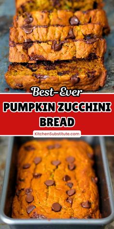 The image shows a loaf of pumpkin zucchini bread with chocolate chips, sliced to reveal its moist and rich texture, with a warm, golden-brown crust. Zucchini Fall Recipes, Zucchini Pumpkin Recipes, Zucchini And Pumpkin Recipes, Zucchini Chocolate Chip Bread Recipes Moist Easy, Pumpkin Zucchini Recipes, Zucchini Bread Chocolate Chip, Zucchini Healthy Recipes, Pumpkin Zucchini Bread Recipes