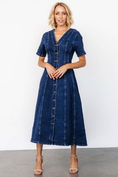 Oakley Button Denim Dress | Blue - Baltic Born Cocktail Jumpsuit, Long Denim Dress, Vintage Denim Dress, Anchor Logo, Dress Dark Blue, Destination Dress, Womens Denim Dress, Denim Material, Aline Dress