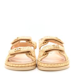 This is an authentic pair of CHANEL Braided Fabric Velcro Dad Sandals size 37 in Beige. These stylish sandals are crafted of a beige textile woven of different materials. These sandals feature velcro ankle straps and a gold faux pearl Chanel logo on the uppers. Gold Chanel Logo, Dad Sandals, Braided Fabric, Pop Stitch, Raffia Sandals, Chanel Logo, Stylish Sandals, Interior Color, Ankle Straps