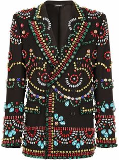 Black/multicolour gemstone-embellished double-breasted blazer from DOLCE & GABBANA featuring gemstone detailing, peak lapels, chest welt pocket, long sleeves, buttoned cuffs, double-breasted button fastening, front flap pockets and central rear vent. | Dolce & Gabbana Gemstone-Embellished Double-Breasted Blazer Hollister Style, Fashionista Clothes, Fashion Design Clothes, Double Breasted Blazer, Workout Jacket, Art Clothes, Colored Blazer, Black Blazers, Boho Outfits