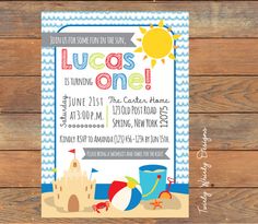 a beach themed birthday party card with the words lucas one on it