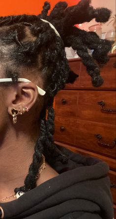 Gauges On Black Women, Stretched Ears Black Women, Thick Loc Hairstyles, Gauged Ears Women, Braid Out On Locs, Locs With Jewelry, 3 Lobe Piercings Ideas, Female Dreads, Unique Piercings