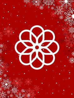 a red background with snowflakes and white circles in the shape of a flower