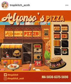 an advertisement for algon's pizza on the side of a brick building with various items in front of it