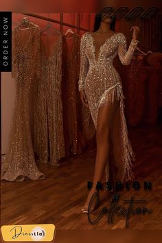 Deep V Long Sleeve Side Slit Asymmetric Evening Dress Mermaid Gown Prom, Evening Dresses Online, Long Prom Gowns, Sequin Evening Dresses, Evening Dress Fashion, Dress Stores Online, Maxi Robes, Fringe Dress, Dresses Elegant