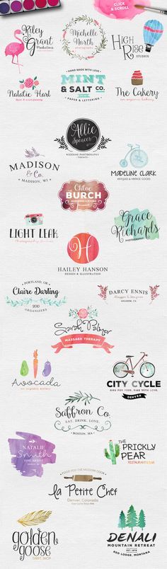 a bunch of different logos that are on the side of a white sheet with watercolor paint