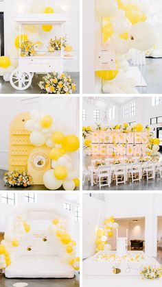 yellow and white wedding decor with balloons