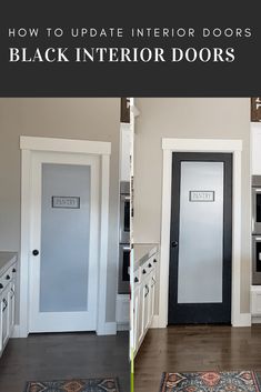 an image of a black interior door with the words, how to update interior doors