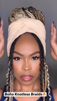 Boho Knotless Braids🔥 Braid With Scarf, Headwrap Hairstyles, Boho Knotless Braids, Cabello Afro Natural, Boho Knotless, Braided Scarf, Big Box Braids Hairstyles