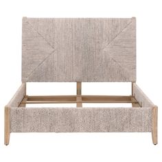 an upholstered bed frame with wooden legs and headboard, made in beige fabric