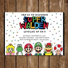 the super mario birthday party card is shown on a wooden background with confetti and sprinkles