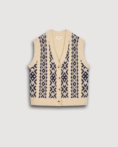 Girls' sleeveless vest in jacquard knit on the front. V-neckline with a four-button closure. Jacquard Pattern, Loose Shirts, Jacquard Knit, Best Wear, Kids Sweater, Sleeveless Vest, Wool Blend Sweater, Jumpers And Cardigans, Jeans Dress