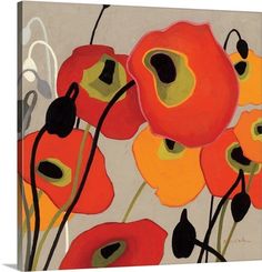 an abstract painting of red, yellow and orange flowers on a gray background with black stems