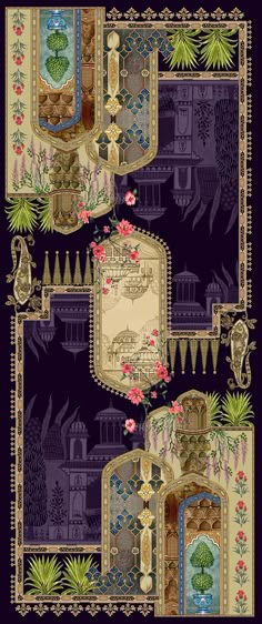 an art nouveau style wallpaper with flowers and plants on it's border, in purple