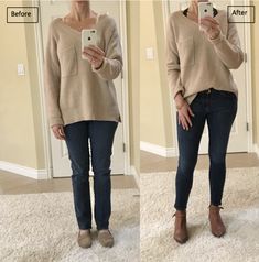 Oatmeal Sweater Outfit, Ankle Jeans Outfit, Dark Jeans Outfit, Everyday Mom Style, Oatmeal Sweater, Faux Shearling Vest, Tight Sweater, Easy Style