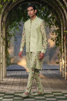 Mint green sleeveless Nehru jacket with stitchline thread embroidery in stripe pattern. Paired with floral print pleated kurta and churidar. - Aza Fashions Kurta Set Men, Nehru Jacket, Nehru Jackets, Thread Embroidery, Churidar, Kurta Set, Green Silk, Mandarin Collar, Aza Fashion