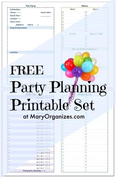 a party planning printable set with balloons in the middle and text that reads free party planning printable set