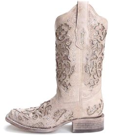 This stunning genuine leather boot features a multi color glitter inlay and crystals throughout. This is the perfect to for your special wedding day or any time you want to add a little shimmer to your outfit. This boot is amazingly comfortable and will add a little glitter to your step White leather foot & shaft. Glitter inlay/crystal detail. Square toe. Double stitch welt. Leather lining. Cushioned/leather insole. Leather outsole. Outdoor Wedding Shoes, Cowgirl Boots Wedding, Wedding Cowboy Boots, Classic Black Boots, Wedding Shoes Vintage, Crystals Wedding, Country Shoes, Bridal Boots, Boots Store