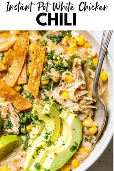 this instant pot white chicken chili is loaded with shredded corn, avocado and cilantro