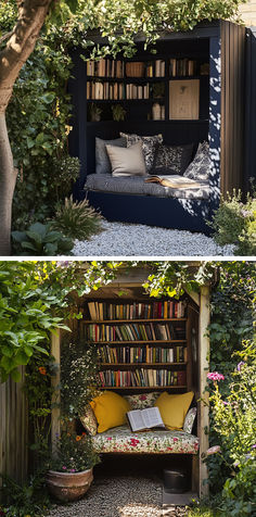 Collage featuring a dark-blue wooden box with bookshelves and a rustic floral nook for book lovers. Cozy Seating