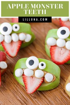 apple monster treats with strawberries and marshmallows in the shape of faces