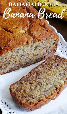 two slices of banana bread on a white plate with bananas in the background and text overlay