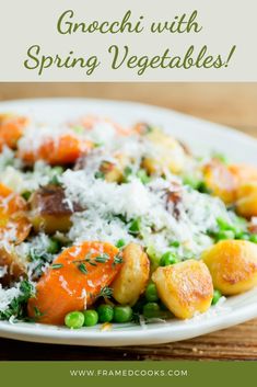 a white plate topped with vegetables covered in grated parmesan cheese text reads gnocchi with spring vegetables