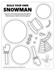 the build your own snowman paper craft is shown in black and white, with an outline