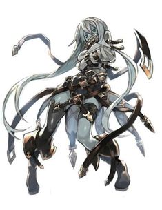 an anime character with long white hair and blue eyes, holding two swords in her hands