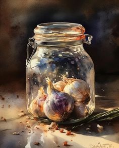 an oil painting of garlic in a jar