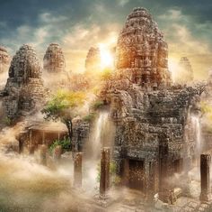 an artistic painting of ancient ruins and water fall in the sky with sun shining through clouds