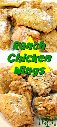 the chicken wings are covered in parmesan cheese and seasoning with green lettering