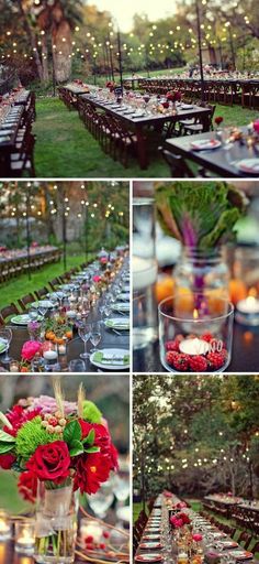 a collage of photos with flowers, candles and plates on the table in front of them